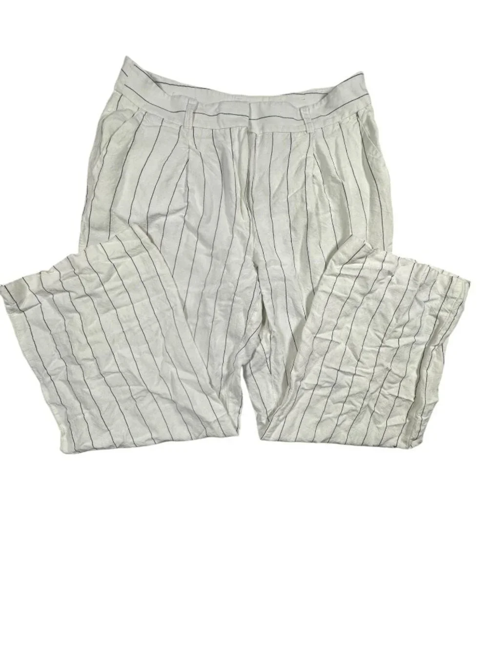 Loft Womens High-Rise Striped Wide-Leg Trousers 10 White Gray Linen Casual Offic - Picture 2 of 9